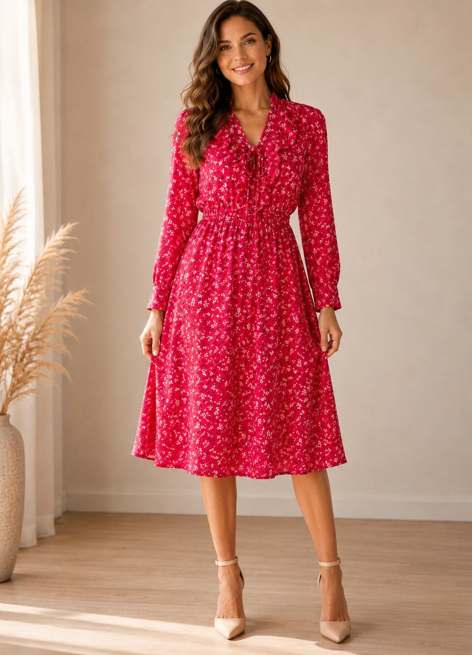 Maliparmi Red Floral Long Sleeve Midi Dress Women’s Small